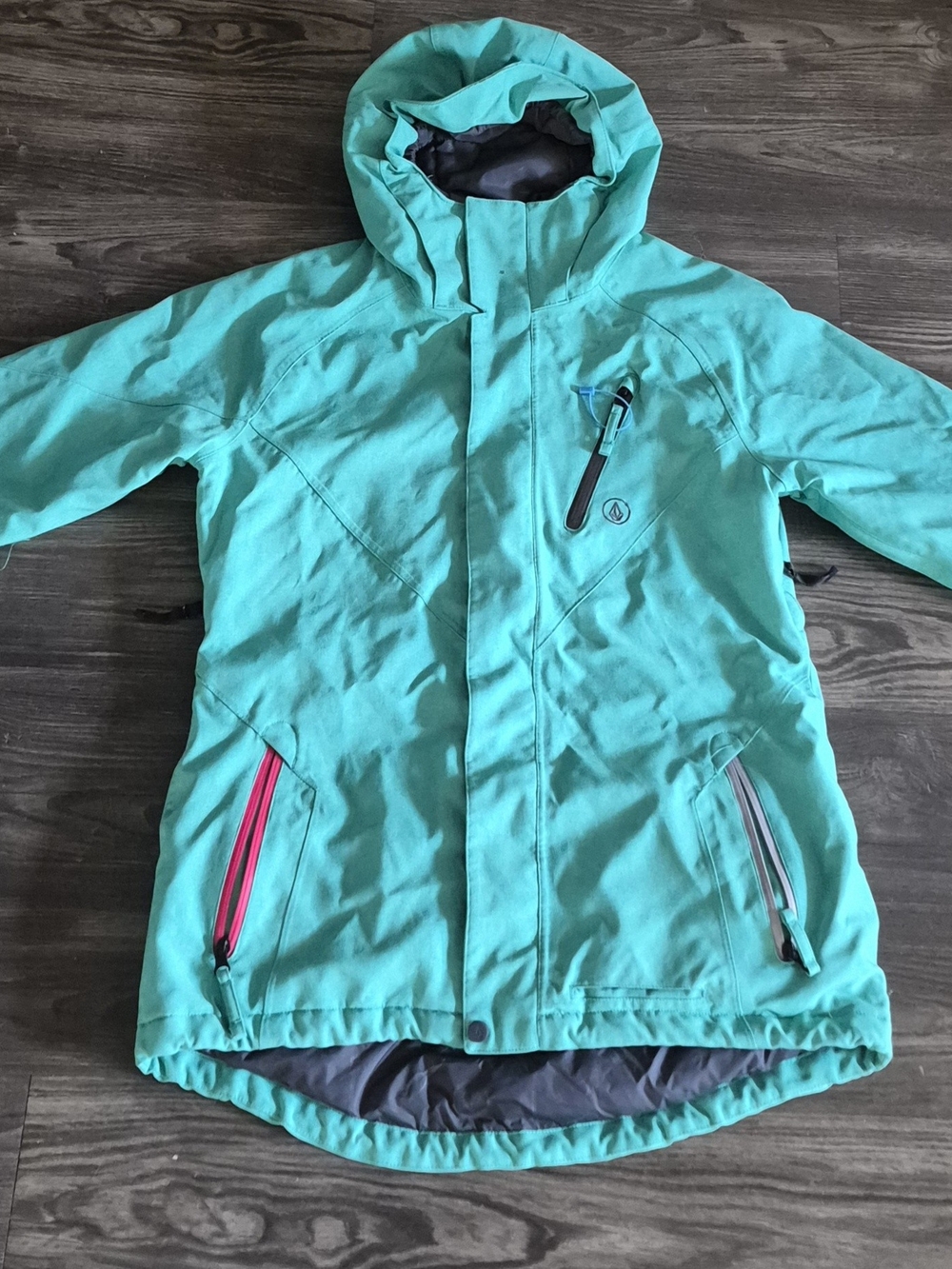 Volcom Girls' Teal Hooded Raincoat with Zip Pockets Size L